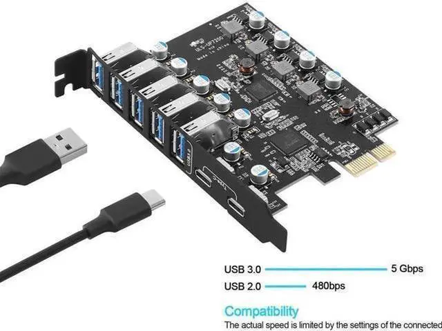 Main image of 7-Port PCIe USB 3.0 Expansion Card, PCI Express X1 Adapter with 2 USB-C + 5 USB-A Ports 5Gbps, Full Height Bracket for Desktop PC Compatible Windows & Mac OS