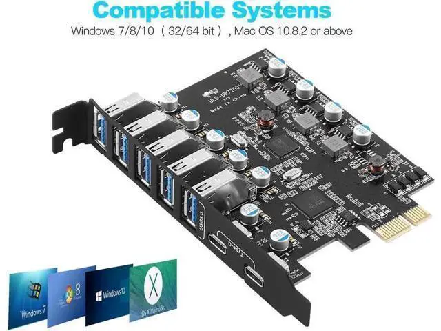 Alt view image 2 of 4 - 7-Port PCIe USB 3.0 Expansion Card, PCI Express X1 Adapter with 2 USB-C + 5 USB-A Ports 5Gbps, Full Height Bracket for Desktop PC Compatible Windows & Mac OS