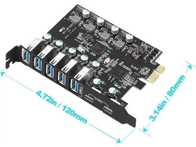 Alt view image 4 of 4 - 7-Port PCIe USB 3.0 Expansion Card, PCI Express X1 Adapter with 2 USB-C + 5 USB-A Ports 5Gbps, Full Height Bracket for Desktop PC Compatible Windows & Mac OS