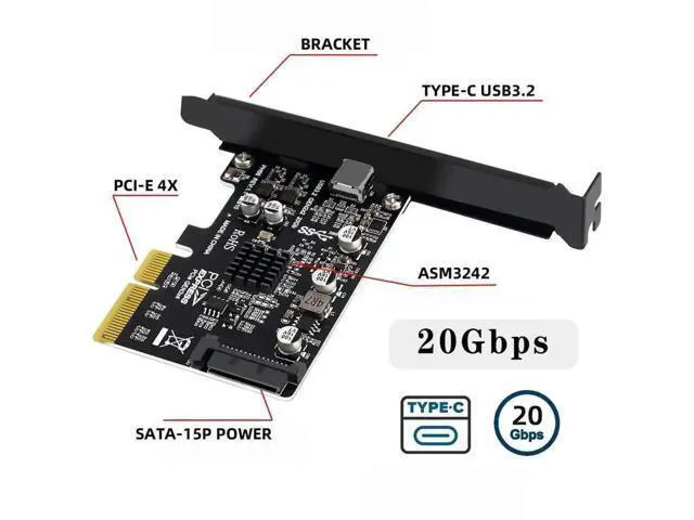 Alt view image 4 of 7 - PCIe 4X USB 3.2 Gen2x2 Expansion Card, 20Gbps Single Type-C Port PCI Express Adapter for Desktop Motherboard