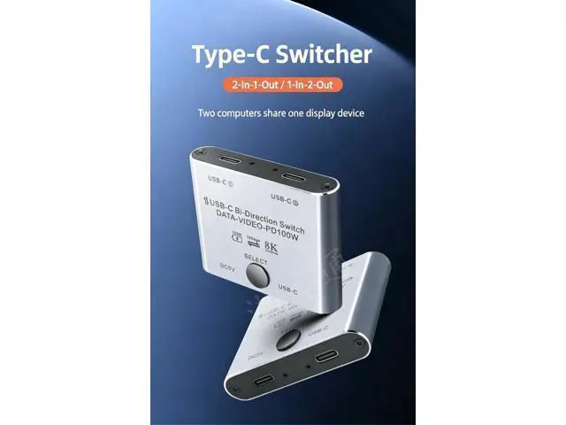 Alt view image 3 of 6 - 2 Port Bi-Directional USB3.1 Gen2 USB-C KVM Switch 2 In 1 Out, TB3 Compatible Type-C Selector, 8K@60Hz Video 10Gbps Data 100W PD Charging, Share Monitor KB Mouse for Dual Mac Windows Laptops