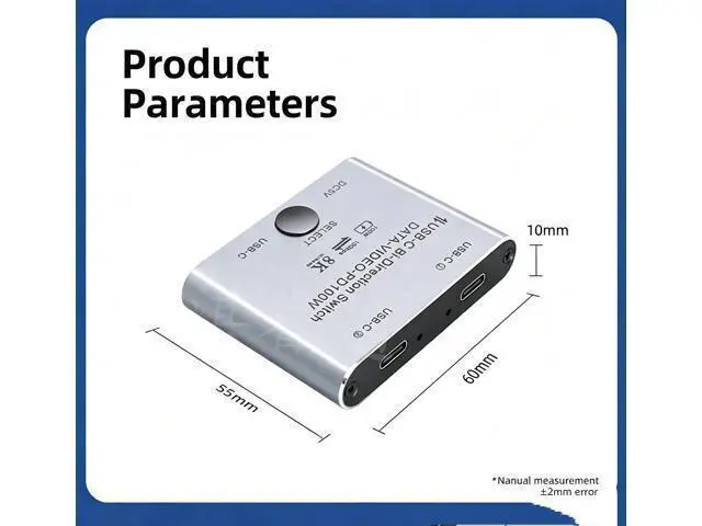 Alt view image 6 of 6 - 2 Port Bi-Directional USB3.1 Gen2 USB-C KVM Switch 2 In 1 Out, TB3 Compatible Type-C Selector, 8K@60Hz Video 10Gbps Data 100W PD Charging, Share Monitor KB Mouse for Dual Mac Windows Laptops