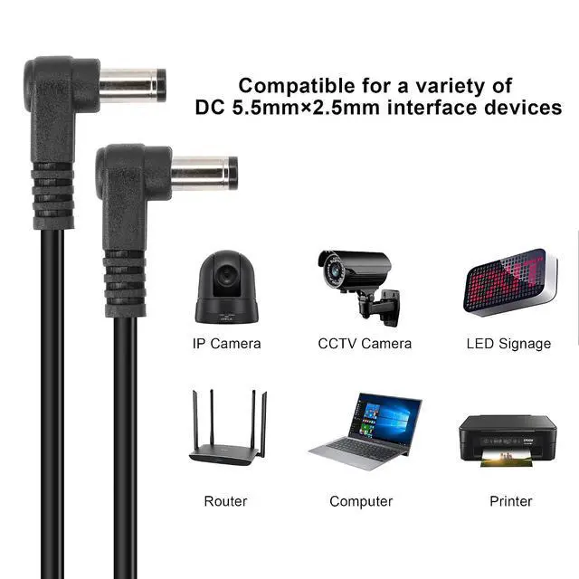 Alt view image 4 of 6 - DC Power Extension Cable DC 5.5MM x 2.5MM 90 Degree Male to Male Plug Cable Right Angle DC5525 Power Adapter Cable for Strip Lihgt,CCTVSecurity Camera,Monitors,etc(2pcs)