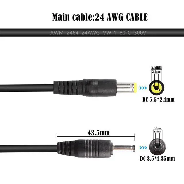 Alt view image 4 of 6 - 2-PCS DC5521 to DC35135 Power Cord 24AWG DC 5.5mm x 2.1mm Male to DC 3.5mm x 1.35mm Male Security Camera Cable for Security Cameras, Mini Speakers, Small Fans, etc(3.2FT)