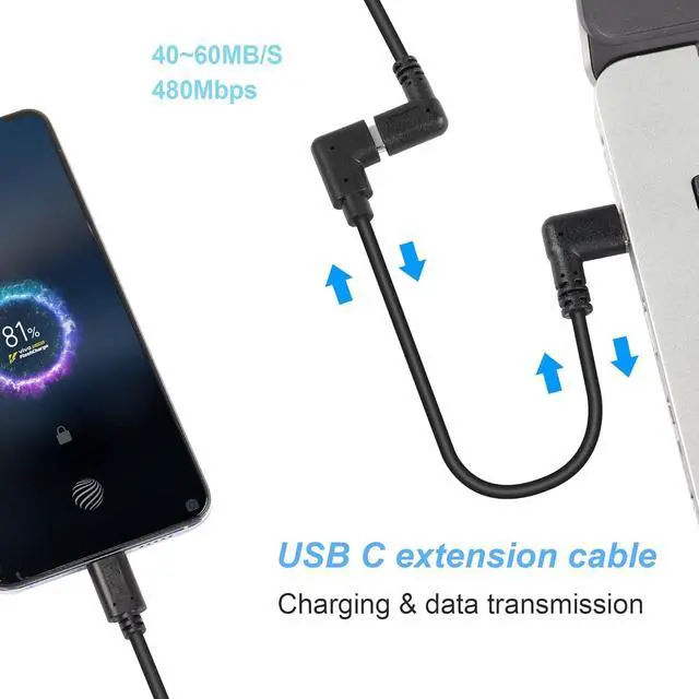 Alt view image 3 of 7 - USB C Extension Cable, Right Angle Male to Female, 0.3m, Black, Supports PD60W Fast Charging, Compatible with Laptops, Tablets, Mobile Phones