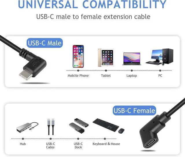 Alt view image 5 of 7 - USB C Extension Cable, Right Angle Male to Female, 0.3m, Black, Supports PD60W Fast Charging, Compatible with Laptops, Tablets, Mobile Phones
