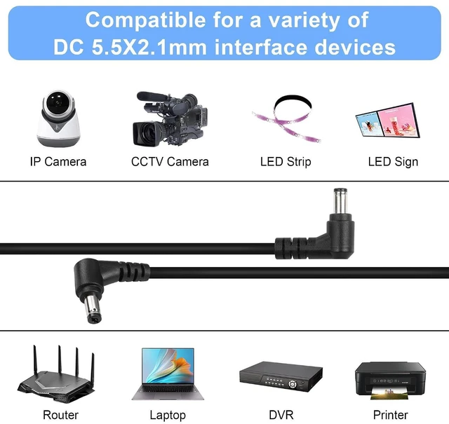 Alt view image 4 of 6 - 2PCS DC 5.5mm x 2.1mm Power Extension Cable 90 Degree Right Angle Male to Male Adapter Power Cord for DC 12V Power Adapter, CCTV Security Camera LED Strip,Routers, Printers etc0.3m