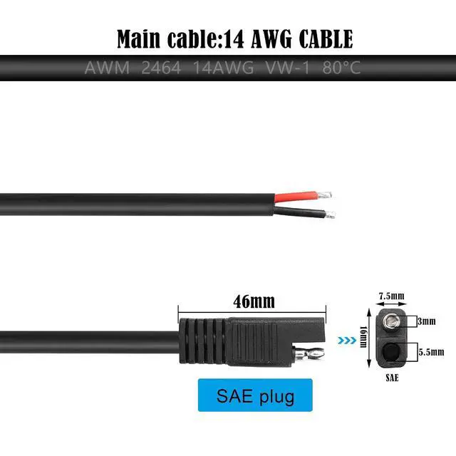 Alt view image 5 of 6 - 24V SAE Connector Pigtail Cable 14AWG with Black Insulation 3.2FT SAE Quick Connect Disconnect Extension Cord for Car, Motorcycle, Battery etc.