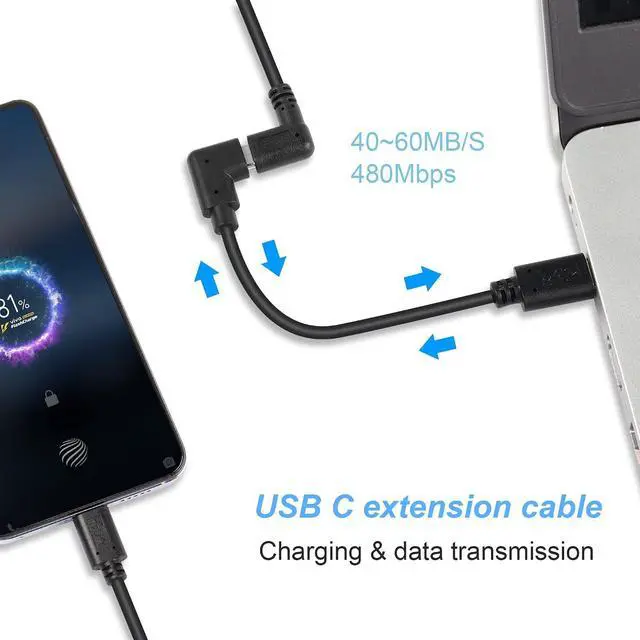 Alt view image 2 of 6 - USB C Extension Cable, USB Type C Male to Right Angle 90 Degree USB Type C Female Charger Cable for Laptop.Tablet.Mobile Phone0.3m
