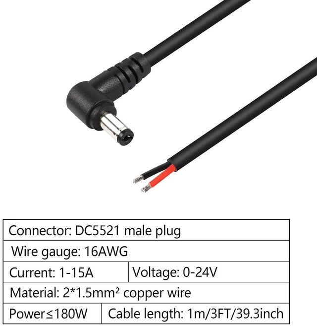 Alt view image 3 of 6 - 2 Pack 90 Degree DC Power Pigtails Cable, Right Angle DC 5.5mm x 2.1mm Male Plug to Bare Wire Open End Power Supply Replacement Repair Cord, for Monitors, LED Strip Light, Camera,3FT 1m