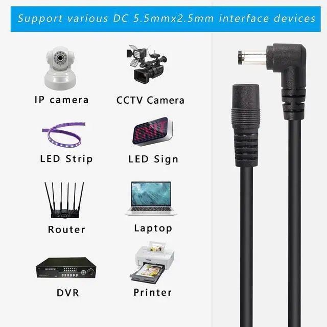 Alt view image 4 of 6 - 2 Pack DC5525 Power Extension Cable, DC 5.5mm x 2.5mm Right Angle Male to Female Extension Cable3FT 18AWG Heavy Duty Cord for Strip Lihgt,CCTV,Car,Monitors,etc. 1M