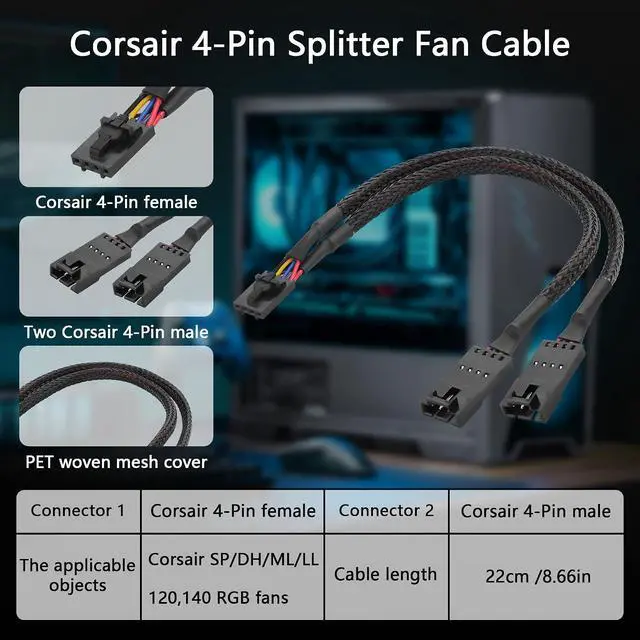 Alt view image 2 of 6 - 2 Pcs 4 Pin Splitter Fan Cable 4 Pin Female to Two 4 Pin Male ICUE Commander CORE-XT Conversion Cables for SP/HD/ML/LL/QL120,140 RGB Fans etc(8.66 Inch)