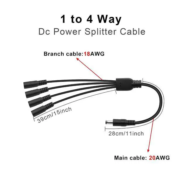 Alt view image 6 of 7 - DC Power Y Splitter Cable1 Male to 4 Female DC5.5mm X 2.1mm Splitter Cable Adapter for CCTV Surveillance Cameras, Routers,DVR,and LED(1 to 4 Way)