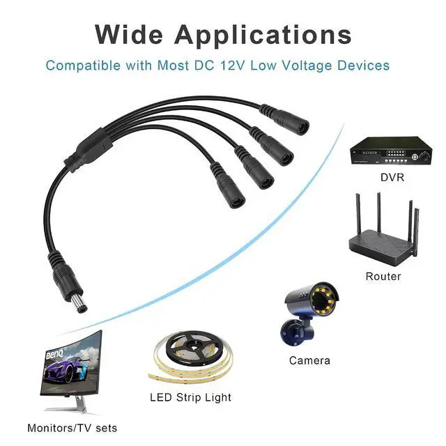 Alt view image 5 of 7 - DC Power Y Splitter Cable1 Male to 4 Female DC5.5mm X 2.1mm Splitter Cable Adapter for CCTV Surveillance Cameras, Routers,DVR,and LED(1 to 4 Way)