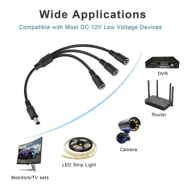 Alt view image 5 of 7 - DC Power Y Splitter Cable1 Male to 3 Female DC5.5mm X 2.1mm Splitter Cable Adapter for CCTV Surveillance Cameras, Routers,DVR,and LED(1 to 3 Way)
