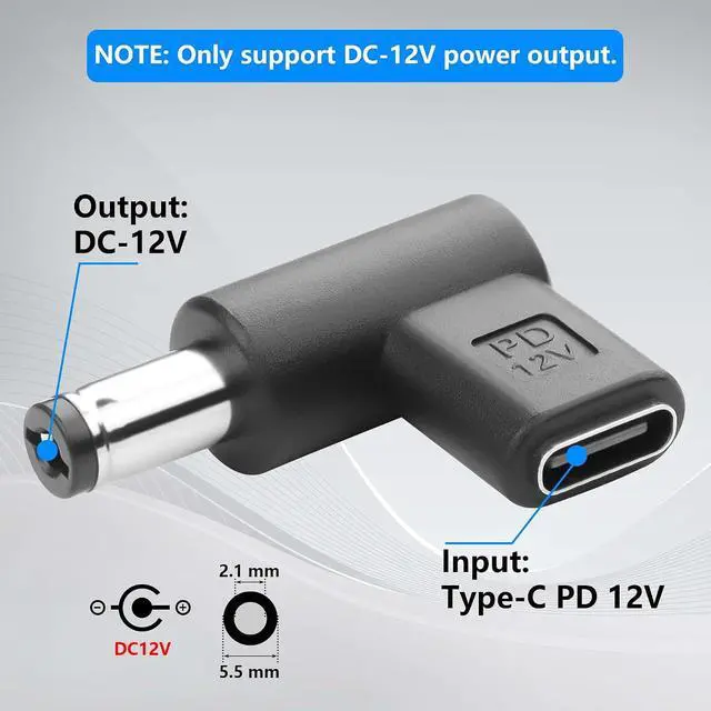 Alt view image 2 of 7 - 2PCS 12V DC Power Connector Adapter 90 Degree Angle Female USB C to Male DC 5.5mm x 2.1mm Converter 12V USB Type C Input to DC5521 Output Adapter