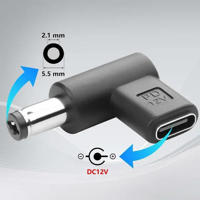 Alt view image 5 of 7 - 2PCS 12V DC Power Connector Adapter 90 Degree Angle Female USB C to Male DC 5.5mm x 2.1mm Converter 12V USB Type C Input to DC5521 Output Adapter