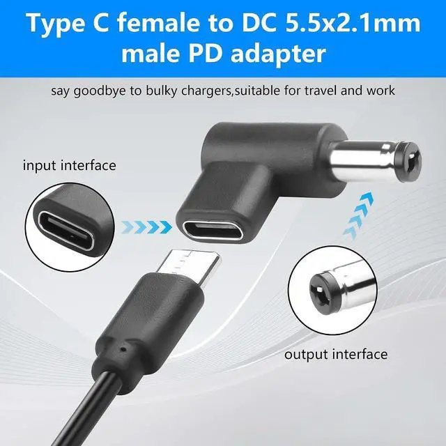 Alt view image 6 of 7 - 2PCS 12V DC Power Connector Adapter 90 Degree Angle Female USB C to Male DC 5.5mm x 2.1mm Converter 12V USB Type C Input to DC5521 Output Adapter