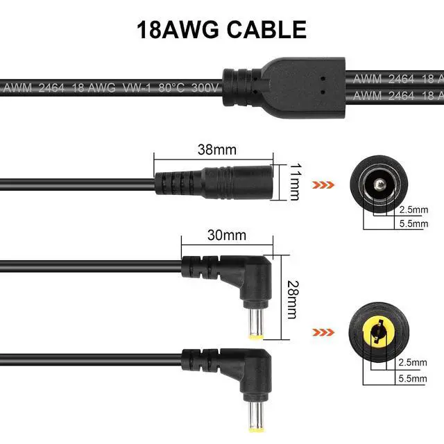 Alt view image 7 of 7 - DC5525 Y-Splitter Cable 18AWG DC 5.5mm X 2.5mm Straight Female to Double Right Angle 90 Degree DC 5.5mm X 2.5mm Male Extension Power Cable for Cameras,Laptops,Routers,etc(27.5Inch)