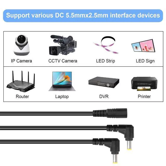 Alt view image 5 of 7 - DC5525 Y-Splitter Cable 18AWG DC 5.5mm X 2.5mm Straight Female to Double Right Angle 90 Degree DC 5.5mm X 2.5mm Male Extension Power Cable for Cameras,Laptops,Routers,etc(27.5Inch)