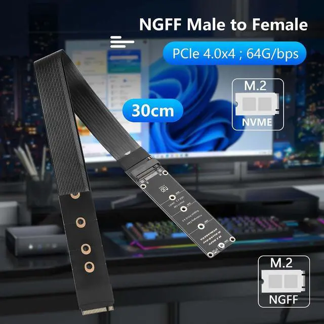 Alt view image 4 of 7 - NGFF M.2 M-Key NVME Extension 40 CM PCIe 3.0/4.0 M.2 NVME/NGFF SSD Ribbon Flex Cable for Mainboard SSD 2230/2242/2260/2280 (Straight Out)