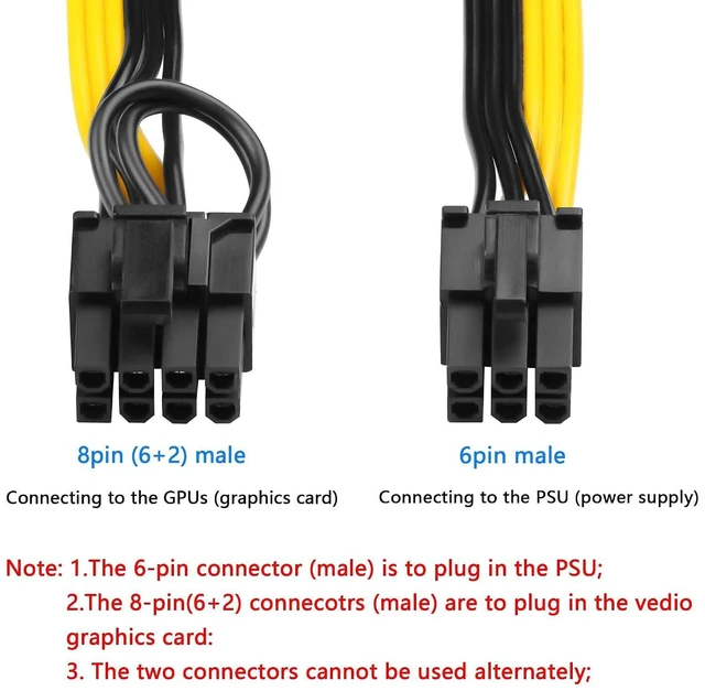 Alt view image 3 of 7 - 2-Pack PCIE 6 Pin Male to 8 Pin (6+2) Male GPU Power Cable for CoolerMaster and Thermaltake Power Adapter Cable Supply with PCIe 6 Pin Port PCI Express Pin Adapter Power Cable, 20 inch