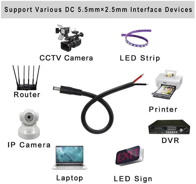 Alt view image 4 of 6 - 2 Pack DC Power Pigtails Cable, DC 5.5mm x 2.5mm Male Plug Jack to Bare Wire Open End Power Supply Replacement Repair Cord, for Security Camera,LED Strip Light,DVR 0.8FT(Black-0.25m)