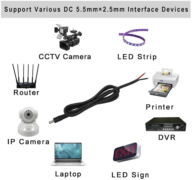 Alt view image 4 of 6 - 2 Pack DC Power Pigtails Cable, DC 5.5mm x 2.5mm Male Plug Jack to Bare Wire Open End Power Supply Replacement Repair Cord, for Security Camera,LED Strip Light,DVR 3FT (black-1m)