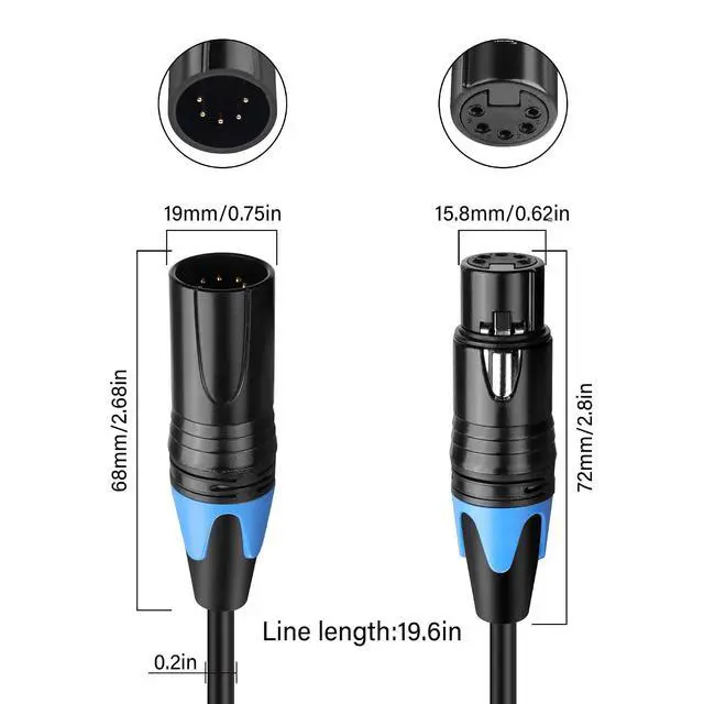 Alt view image 3 of 7 - DMX Cable 5 Pin Signal XLR Male to Female Wire DMX512 XLR Male to Female Stage Light Signal Cable with Metal Connectors, Connection for Stage & DJ Lighting fixtures(0.5M)