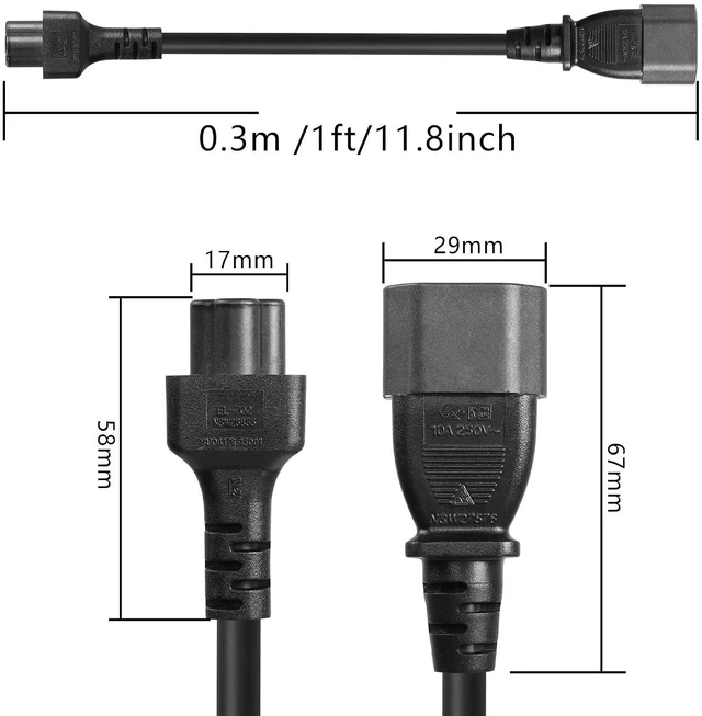 Alt view image 6 of 6 - C14 to C5 Power Cord 1Ft IEC320 C14 Male to C5 Female Power Cable 10A 250V AC Power Extension Adapter for PDU Servers,UPS Power Supplies,IT Devices,etc 0.3m
