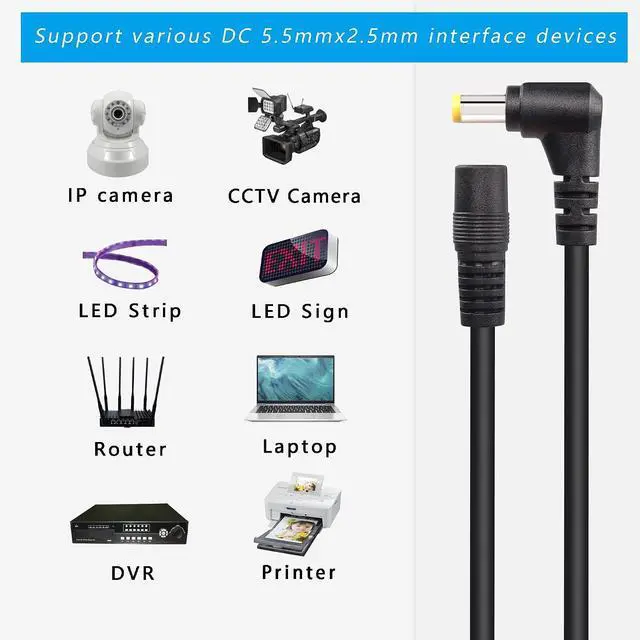 Alt view image 4 of 6 - 2 Pack DC5525 Power Extension Cable, DC 5.5mm x 2.5mm Right Angle Male to Female Power Adapter Cable, 3FT 18AWG Yellow Tuning Fork Heavy Duty Cord for Strip Lihgt,CCTV,Car,Monitors,etc. 1M