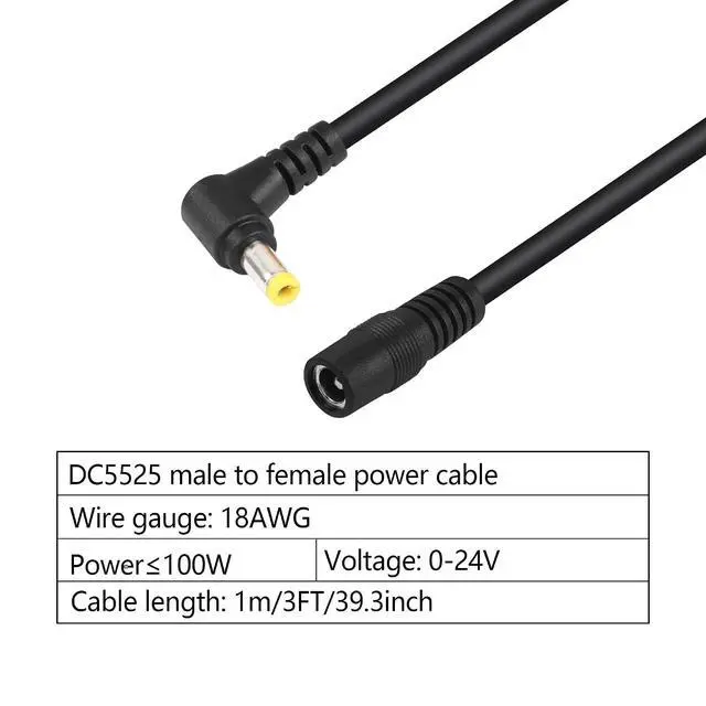 Alt view image 3 of 6 - 2 Pack DC5525 Power Extension Cable, DC 5.5mm x 2.5mm Right Angle Male to Female Power Adapter Cable, 3FT 18AWG Yellow Tuning Fork Heavy Duty Cord for Strip Lihgt,CCTV,Car,Monitors,etc. 1M