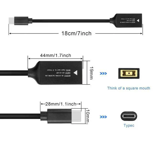 Alt view image 7 of 7 - PD65W Lenovo Square Mouth to USB-C Charging Cable Lenovo Square Mouth to Type-C Charger Power Adapter Cable for Laptops,Mobile Phones,Tablets, Rechargeables,etc(7Inch)(Lenovo Square Mouth)