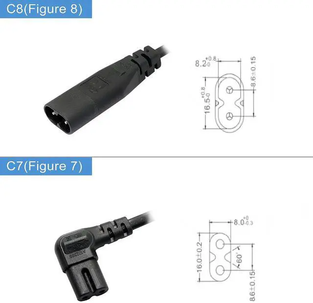 Alt view image 4 of 6 - IEC 320 C8 to Dual C7 Y Splitter Power Cable Figure 8 Male to Double Right Angle Female Adapter 1 in 2 Out AC Power Cord