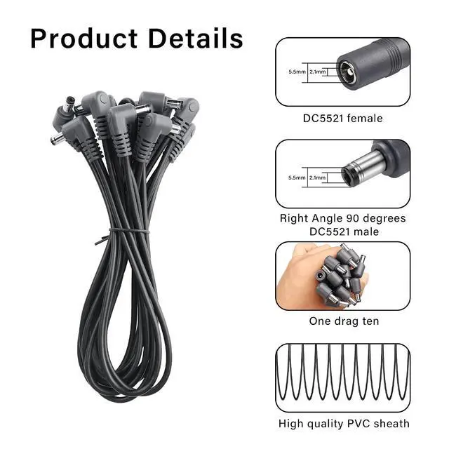 Alt view image 2 of 6 - Guitar Effector Topology Power Supply Cable DC 5.5mm x 2.1mm 1 Female to 10 Right Angled 90 Degree Male Effector Extension Power Cable for Guitar Effect Pedal