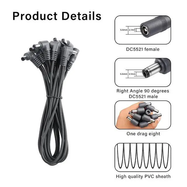 Alt view image 2 of 6 - Guitar Effector Topology Power Supply Cable DC 5.5mm x 2.1mm 1 Female to 8 Right Angled 90 Degree Male Effector Extension Power Cable for Guitar Effect Pedal (1 to 8)