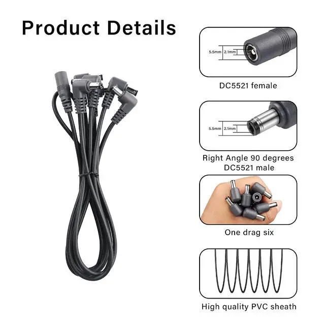 Alt view image 2 of 6 - Guitar Effector Topology Power Supply Cable DC 5.5mm x 2.1mm 1 Female to 6 six Angled 90 Degree Male Effector Extension Power Cable for Guitar Effect Pedal (1 to 6)