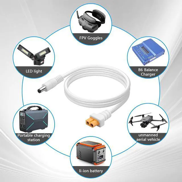 Alt view image 6 of 7 - 2 PCS White XT60 to DC5521 Power Cord XT-60 Female to DC 5.5mm x 2.1mm Male 2x1.5mm ² Power Cable for FPV Goggles,B6 Balanced Charger,etc(11.81 Inch) (Long)