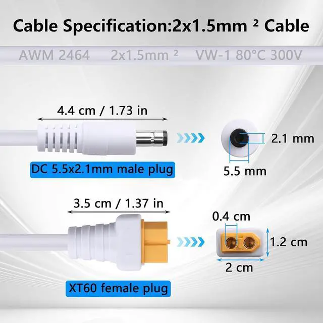 Alt view image 3 of 7 - 2 PCS White XT60 to DC5521 Power Cord XT-60 Female to DC 5.5mm x 2.1mm Male 2x1.5mm ² Power Cable for FPV Goggles,B6 Balanced Charger,etc(11.81 Inch) (Long)