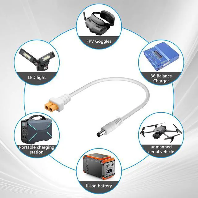 Alt view image 6 of 7 - 2 PCS White XT60 to DC5521 Power Cord XT-60 Female to DC 5.5mm x 2.1mm Male 2x1.5mm ² Power Cable for FPV Goggles,B6 Balanced Charger,etc(11.81 Inch) (Short)