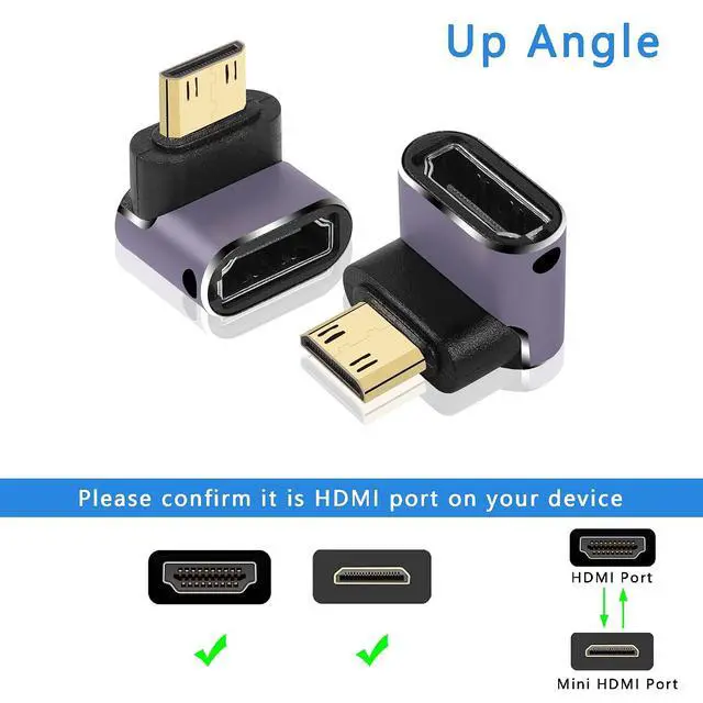 Alt view image 2 of 6 - 8K Mini HDMI to Standard HDMI Adapter 2.1 Version Mini HDMI Male to UP Angle 90 Degree HDMI Female Extension Adapter for Camera,Laptop,Tablet,HDTV,Projector 2 PCS(UP Angle)