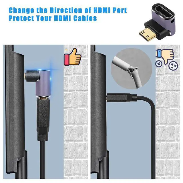 Alt view image 3 of 6 - 8K Mini HDMI to Standard HDMI Adapter 2.1 Version Mini HDMI Male to UP Angle 90 Degree HDMI Female Extension Adapter for Camera,Laptop,Tablet,HDTV,Projector 2 PCS(UP Angle)