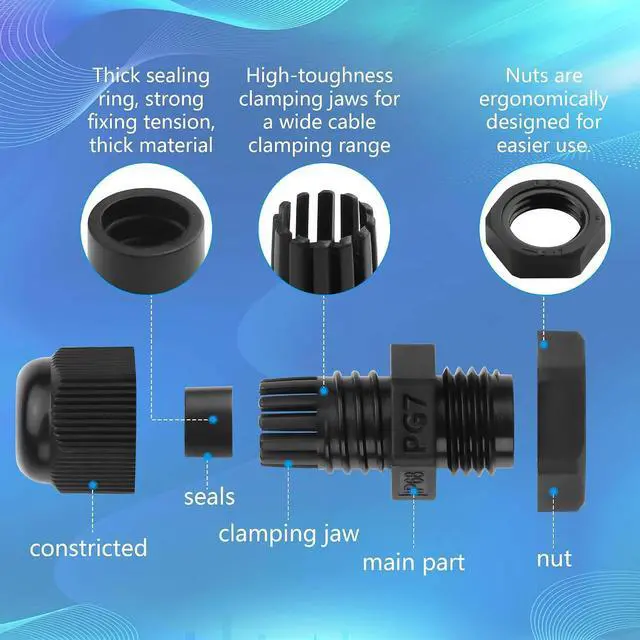 Alt view image 2 of 6 - 10Pcs PG7 Cable Gland, Plastic Waterproof Adjustable 3-3.5mm IP68 Cable Gland Joint, Wire Protector with Rubber Gaskets (PG7)