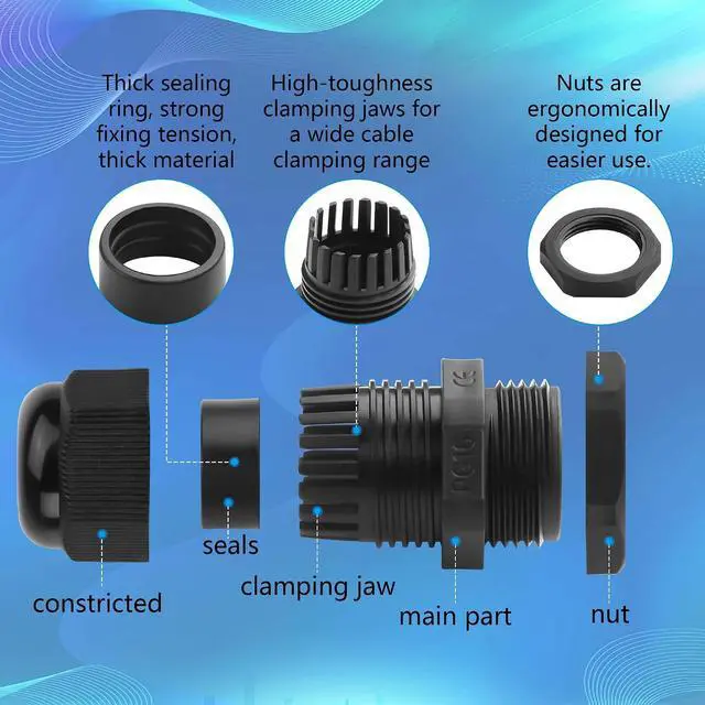 Alt view image 2 of 6 - 10PCS Cable Gland Waterproof Adjustable 3-14mm Cable Wire Protector with Rubber Gaskets PG7 PG9 PG11 PG13.5 PG16 Plastic Cable Gland Joints Wire Protectors Black (PG16)