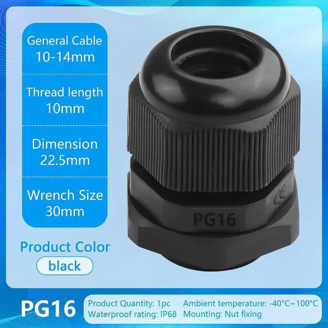 Alt view image 5 of 6 - 10PCS Cable Gland Waterproof Adjustable 3-14mm Cable Wire Protector with Rubber Gaskets PG7 PG9 PG11 PG13.5 PG16 Plastic Cable Gland Joints Wire Protectors Black (PG16)
