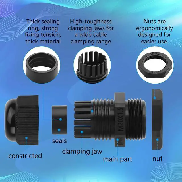 Alt view image 2 of 6 - 10PCS M20x1.5 Cable Gland 6mm-12mm Wire Hole Waterproof Nylon Joint Adjustable Locknut with Washer (M20*1.5)