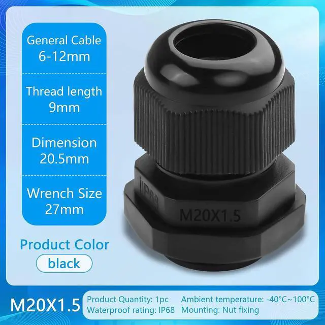 Alt view image 5 of 6 - 10PCS M20x1.5 Cable Gland 6mm-12mm Wire Hole Waterproof Nylon Joint Adjustable Locknut with Washer (M20*1.5)