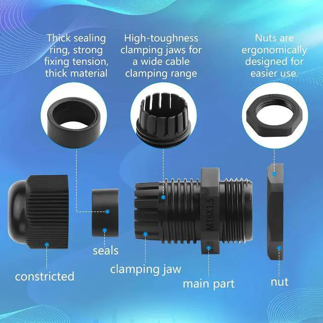 Alt view image 2 of 6 - 10PCS M20x1.5 Cable Gland 6mm-12mm Wire Hole Waterproof Nylon Joint Adjustable Locknut with Washer (M18*1.5)