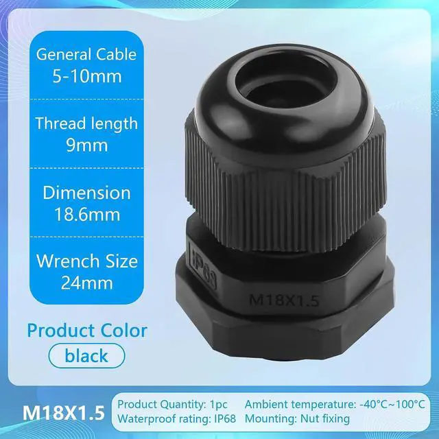 Alt view image 5 of 6 - 10PCS M20x1.5 Cable Gland 6mm-12mm Wire Hole Waterproof Nylon Joint Adjustable Locknut with Washer (M18*1.5)