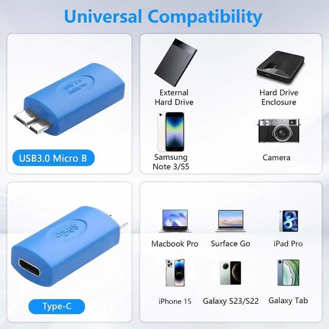 Alt view image 2 of 7 - 2PCS USB 3.0 Type-C Female to Micro B Male Adapter USB C to USB3.0 Micro B Male External Hard Drive Converter for Hard Drive Cable, External Hard SSD Drive, Tablet, Phone, Laptop